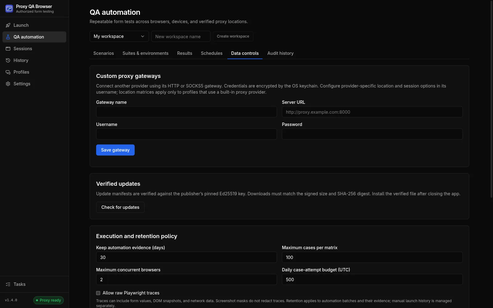 The Data controls tab: custom proxy gateways, verified updates for the automation runtime, and the execution and retention policy.
