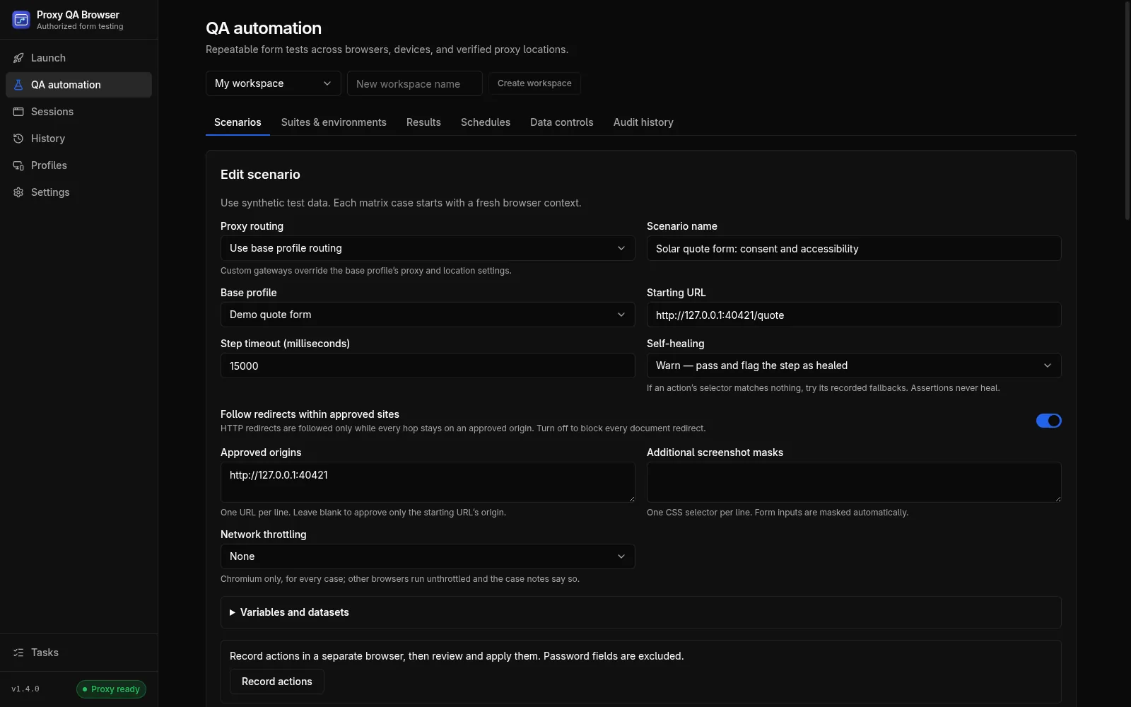 QA automation, Scenarios tab, editing a scenario: proxy routing, base profile, starting URL, step timeout, self-healing mode, approved origins and network throttling.