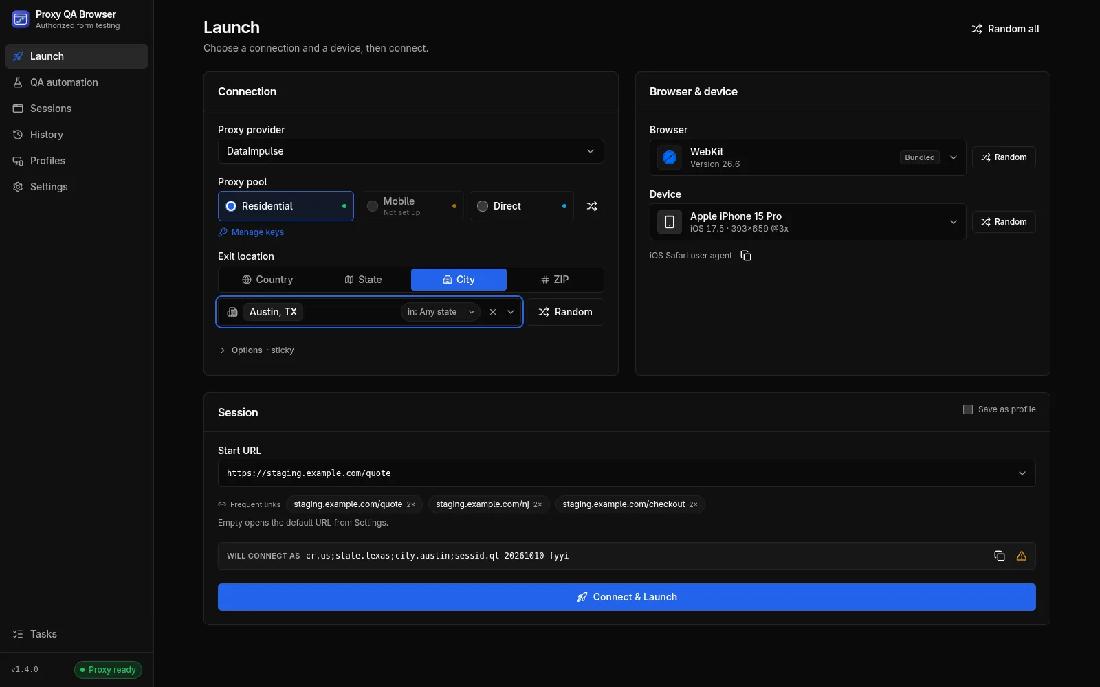 The Launch page: DataImpulse residential pool, exit location Austin, TX, WebKit and Apple iPhone 15 Pro, ready to connect.