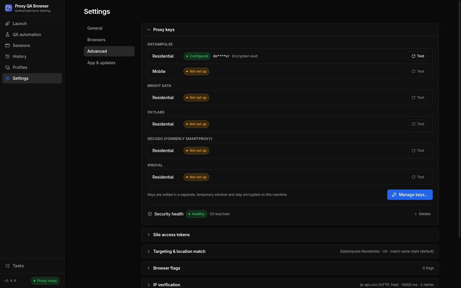 Settings, Advanced, Proxy keys: DataImpulse Residential configured, Mobile and the Bright Data, Oxylabs, Decodo and IPRoyal products not set up, with Manage keys and security health.