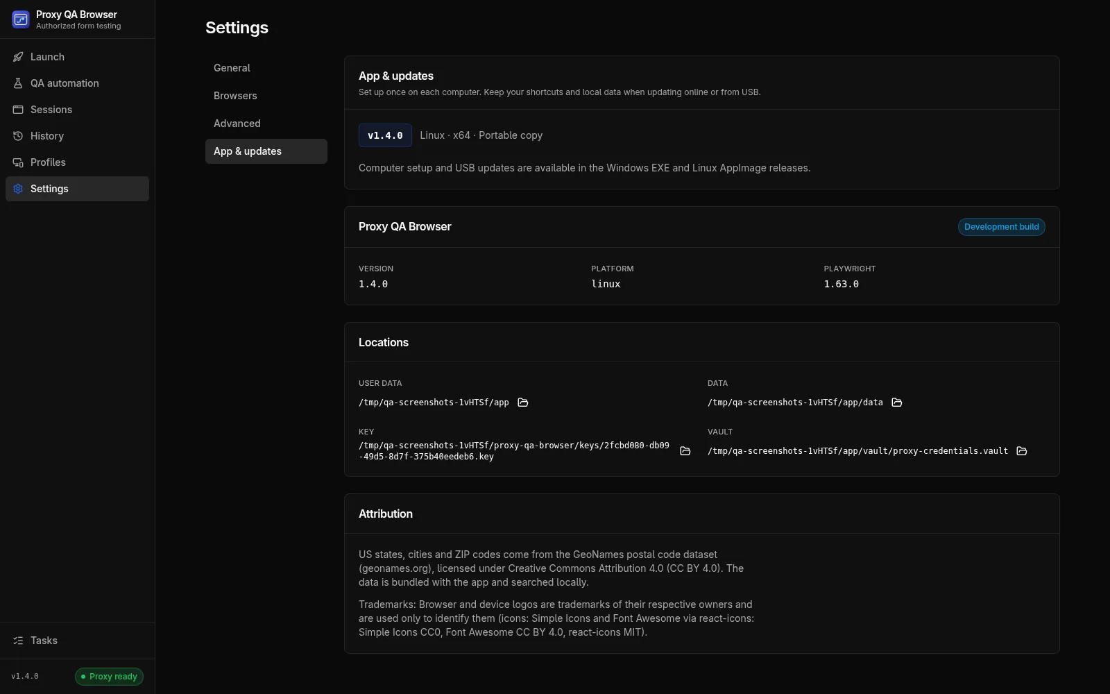 Settings, App & updates: the installed version, platform and Playwright version, the data, key and vault locations, and the attribution notes.