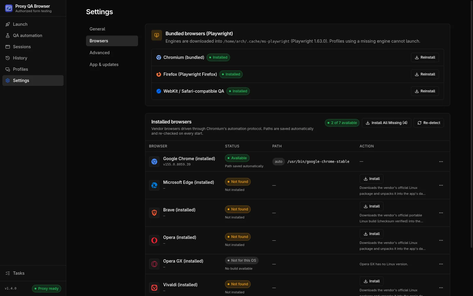 Settings, Browsers: bundled Playwright engines with their status, and the installed browsers table with version, path and Install or Remove actions.